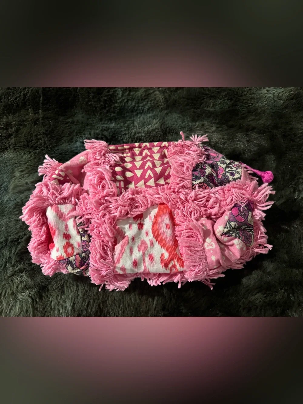 Anthropologie Pink Patchwork Shag Fringe Boho Clutch Bag